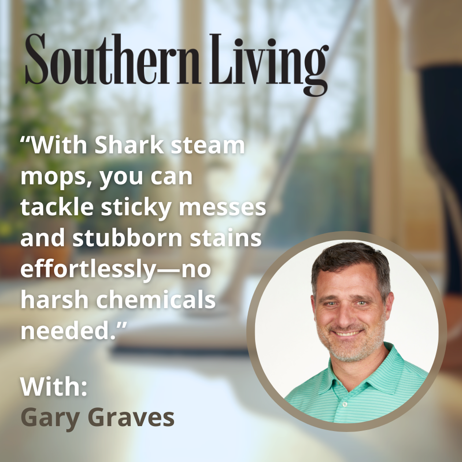 A background of image of a shark steam mop, there's a photo of Gary Graves and a quote that says: “With Shark steam mops, you can tackle sticky messes and stubborn stains effortlessly—no harsh chemicals needed.”