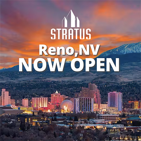 city of Reno at sunset with white text over it